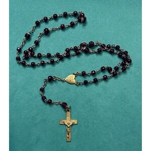 Early 1900's Czech Glass Rosary Ruby Red Glass Beads Gold Tone Metal Religious